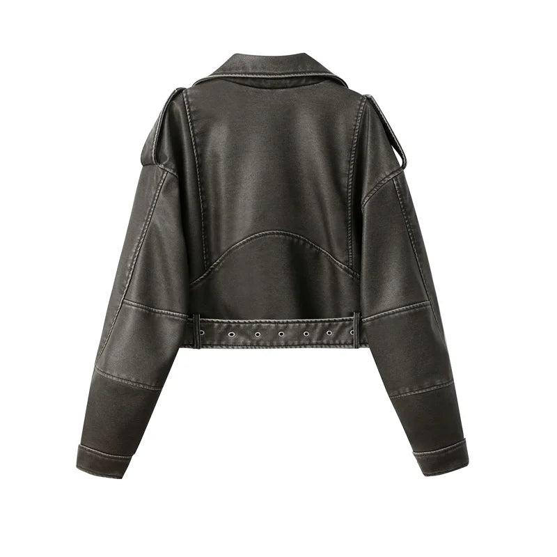 2025New Coal graysty le Women's washed leather jacket with belt, short coat with downgraded zipper and vintage lapel jacket - Matrix Studios