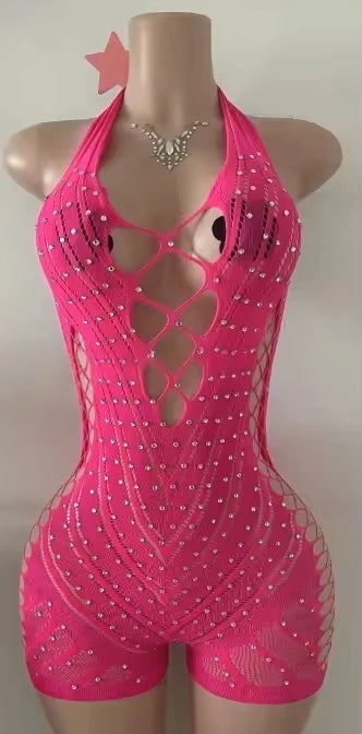 FAGADOER Sexy Hollow-out Rhinestone Patchwork Bodycon Rompers Woman Halter Sleeveless Backless Jumpsuits Female Party Clubwear - Matrix Studios
