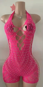 FAGADOER Sexy Hollow-out Rhinestone Patchwork Bodycon Rompers Woman Halter Sleeveless Backless Jumpsuits Female Party Clubwear - Matrix Studios