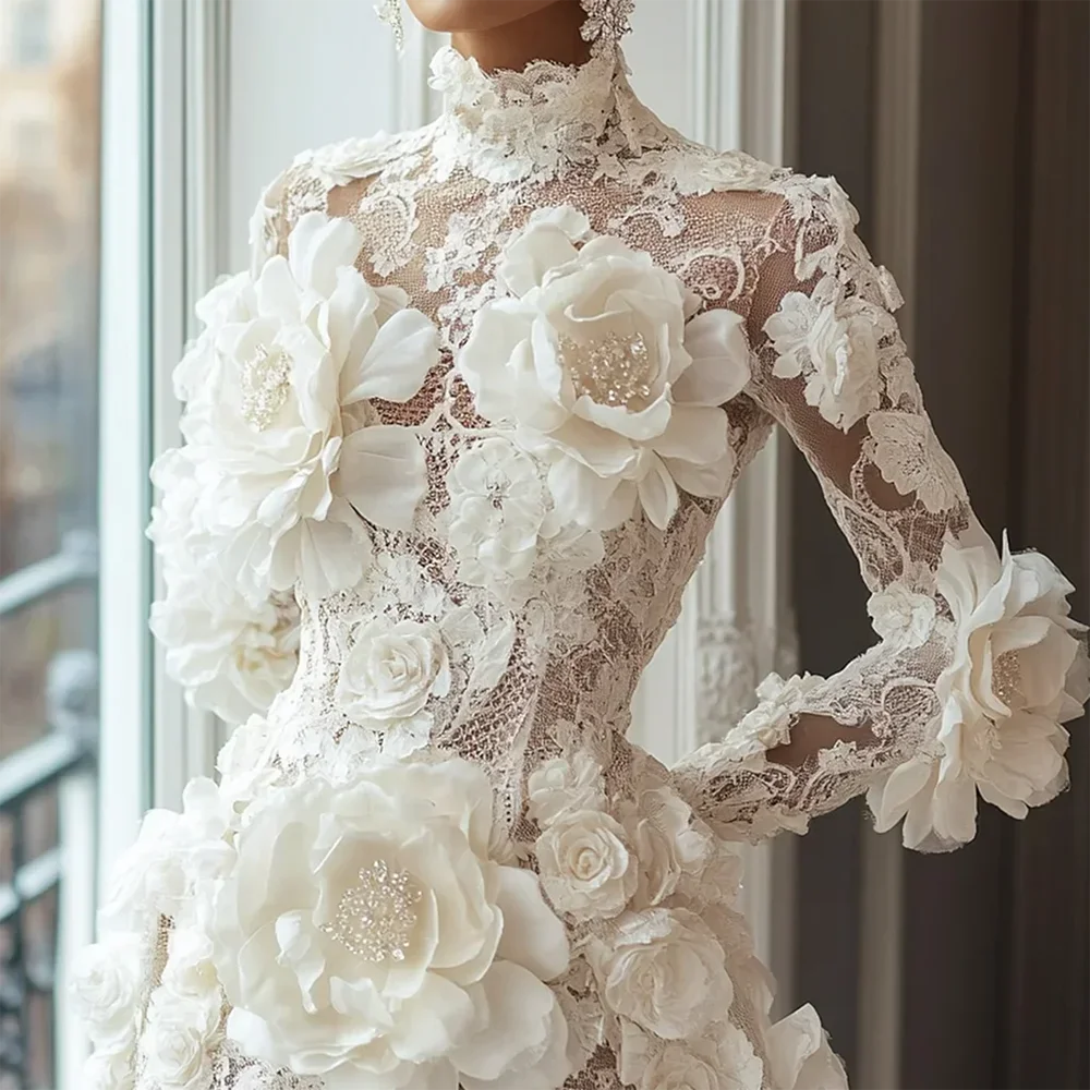 Luxury Cocktail Dresses High Collar Flowers Long Sleeves Mini Dress Exquisite High Quality Prom Party Gowns for Women Customized - Matrix-studios.com