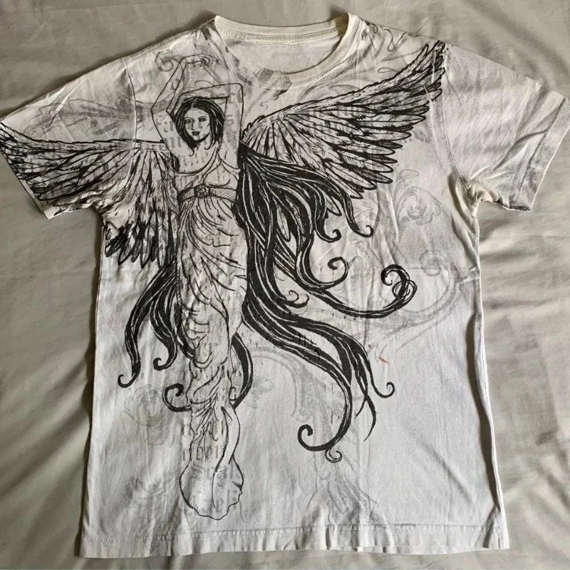 Y2K Affliction T Shirt Vintage Clothing Punk Hip Hop Graphic Print Oversized T shirt Women Round Neck Cotton Short Sleeve Tops