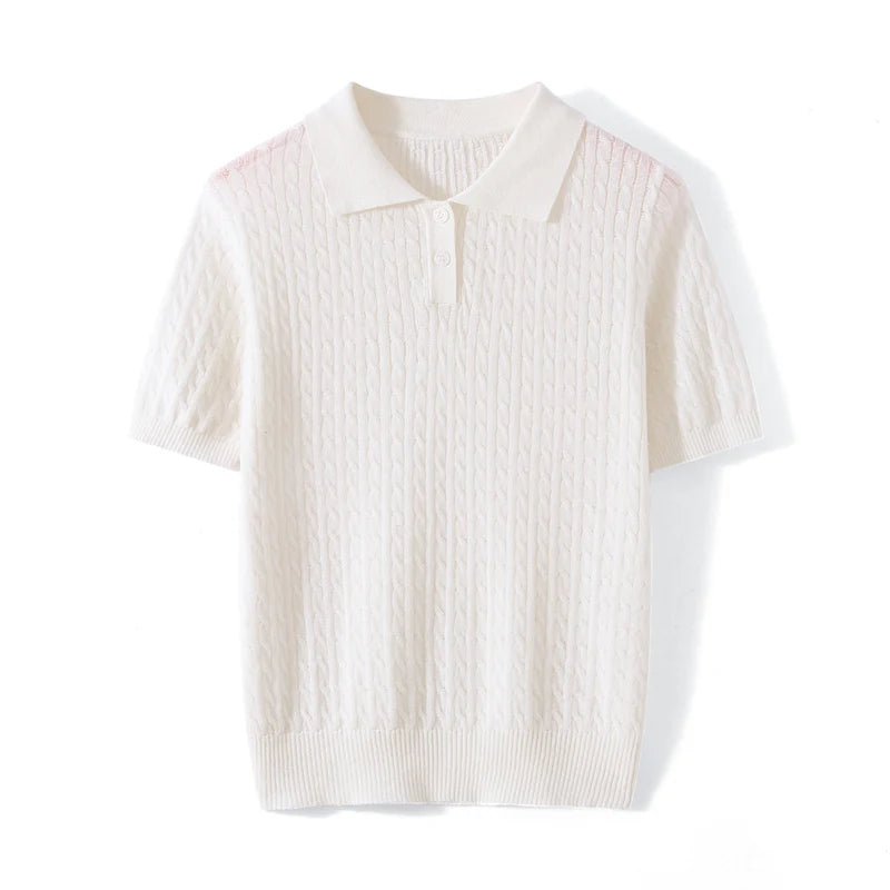 Summer 100% Cotton Women's T-Shirt Casual Solid Color Knitted Pullover Short Sleeved Fit POLO Collar Tees Pull Solid Color Tops - Matrix-studios.com