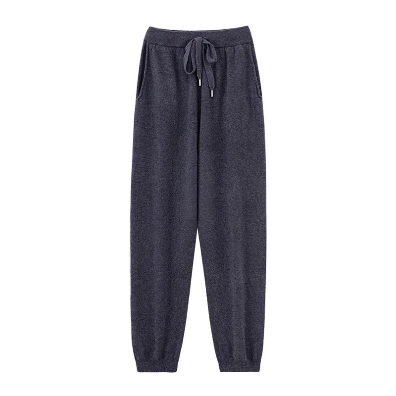 Autumn And Winter New 100% Merino Wool Flat Small Foot Pants Women Loose High Waist Lean Knitted Cashmere Bunched Foot Pants - Matrix-studios.com
