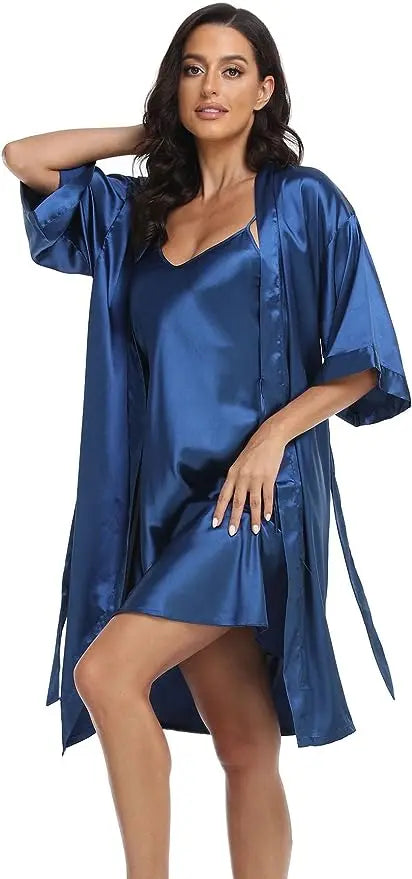 Women's Silk Satin Pajamas 2Pcs Sexy Silky Pj Robe Set with Chemise Nightgown - Matrix-studios.com