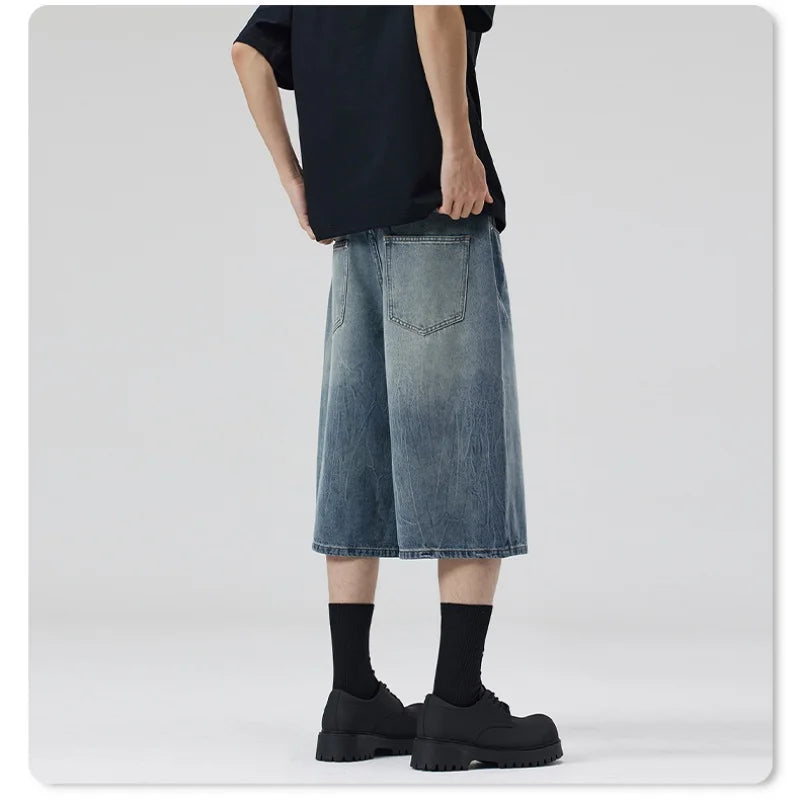 2025 Summer American Lightning Crack Black Grey Jeans Men's Straight Tube Loose Wide Leg Shorts Y2k Street Hip Hop Sevens