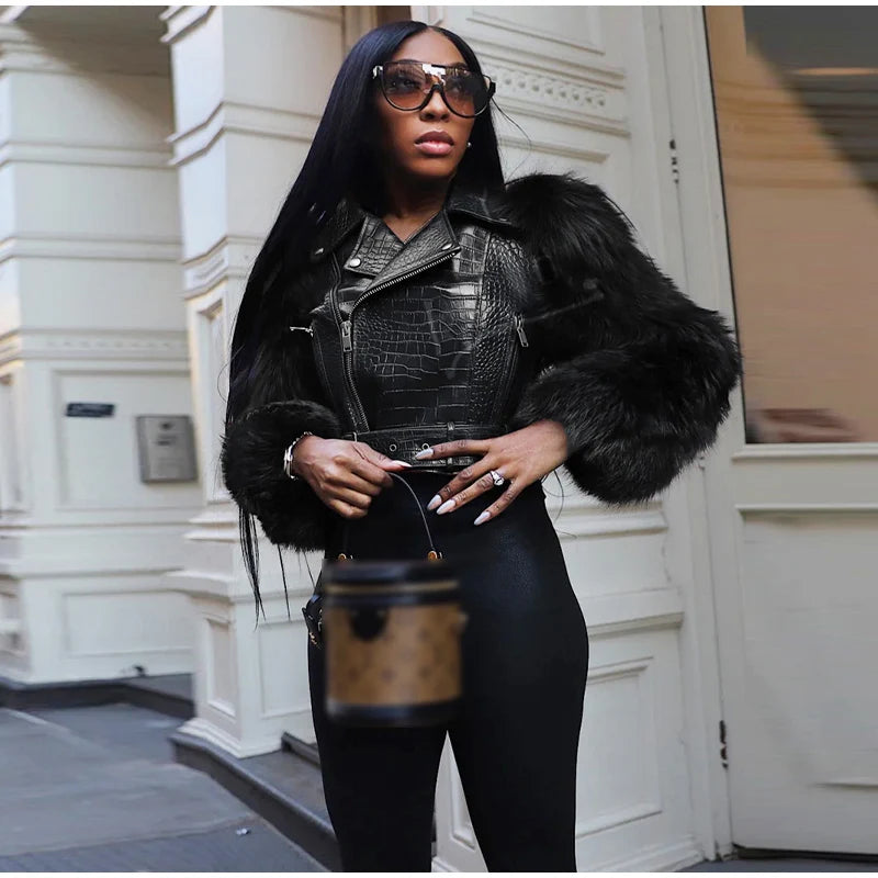 Patchwork Fur Leather Short Jacket Woman Lapel Zipper Belt Long Sleeve Straight Street Coat Casual Versatile Women's New Jackets - Matrix Studios