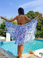 Summer Beach Vacation Bohemian Style Beach Towel, Blue and White Porcelain Blue Mesh Adjustable Shoulder Strap Wrap Skirt - Matrix Studios