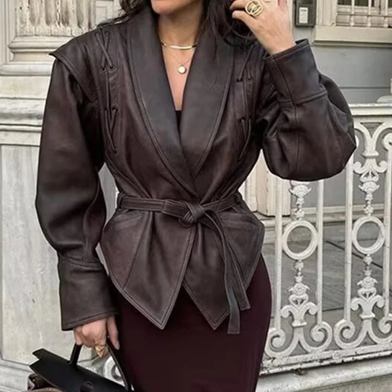 Leather Jackets Women's With Belt Fur Coat Streetwear Fashion Solid Outwear Woman Elegant Jackets Chaqueta De Cuero Para Mujer - Matrix Studios