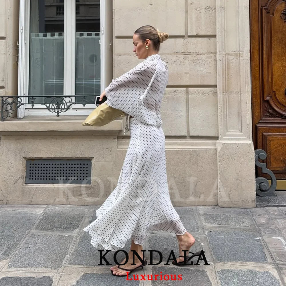KONDALA Vintage Polka Dot Women Sets Chiffon Bow Tie Loose Blouses Loose Long Skirts Fashion 2026 Spring Summer Holiday Suits - Matrix-studios.com