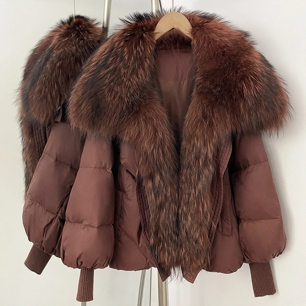 OFTBUY New Winter Large Real Fox Raccoon Fur Puffer Coat Women Oversized Feather Down Parka Knit Sleeve Duck Down Jacket Female - Matrix Studios