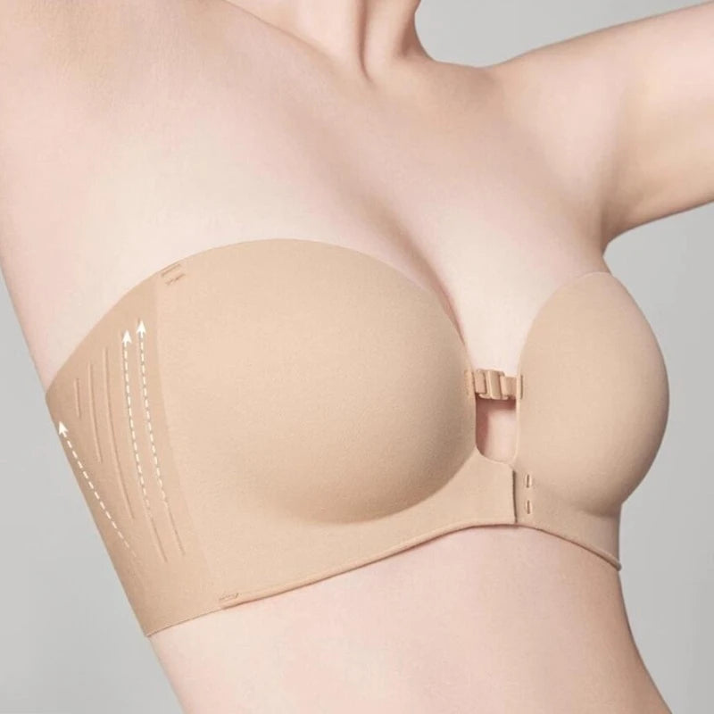 Front Closure Strapless Bras For Women Seamless Push Up Brassiere Thick Soft Underwear Solid Color Adjustable Invisible Lingerie - Matrix Studios