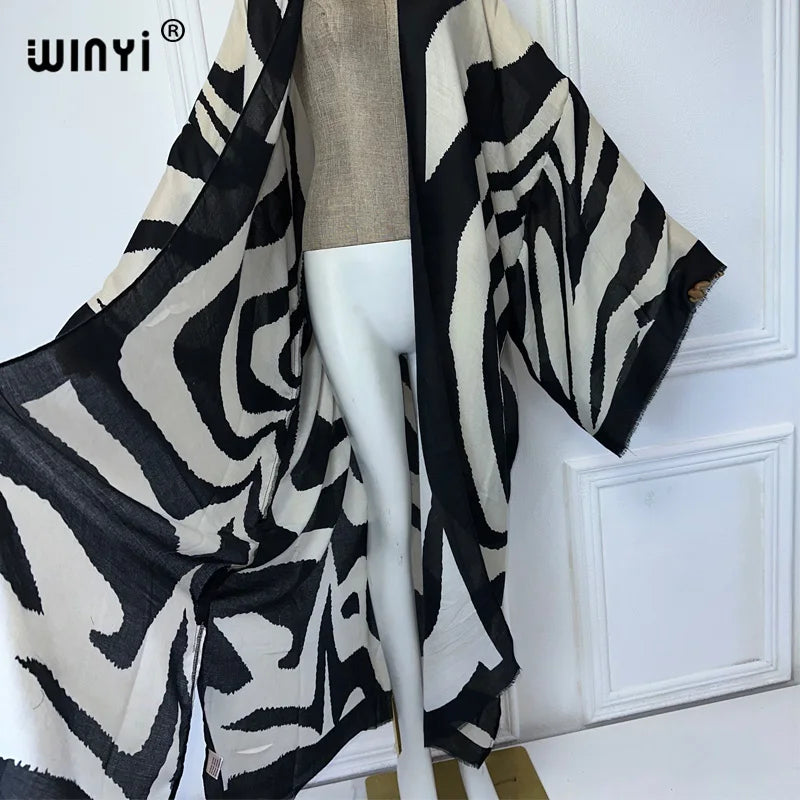 WINYI Kimono Zebra Print Cardigan Abaya Dubai Luxury Elegant Beach Outfits Long Coat Women Sexy Cotton Feeling Dress Kaftan - Matrix Studios