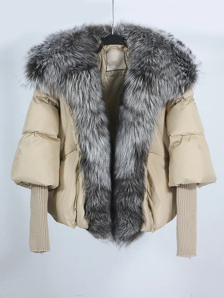 Loose Natural Real Fox Fur Collar Coat Thick New European Fashion White Duck Down Jacket Winter Women Warm Luxury Outerwear - Matrix Studios
