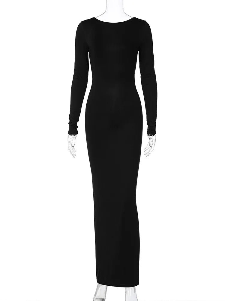Hugcitar Spring Elegant Long Sleeve Backless Solid Cuched Sexy Bodycon Maxi Prom Dress Women Outfit Evening Party Festival Y2K - Matrix-studios.com