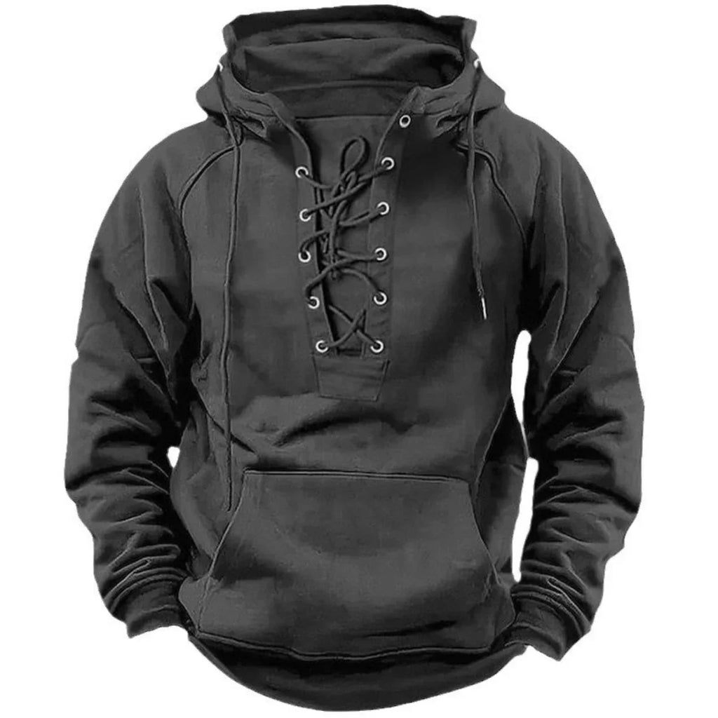Men's Retro-Style Lace-Up Hooded Sweatshirt Loose-Fitting Long-Sleeved Pullover Pure Color Design for Autumn Winter Hoodie - Matrix Studios