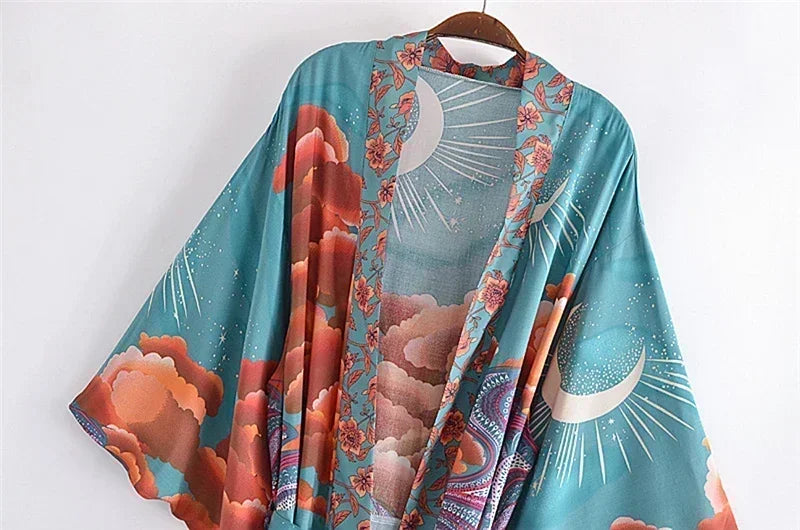 Boho Queens Women Star Floral Print Bat Sleeve Beach Bohemian Kimono Dresses Robe Ladies V Neck Summer Bikini Cover-up - Matrix Studios