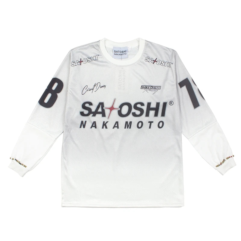 Mesh Patchwork Men Women 2XL No.18 Jersey Black SATOSHI Long Sleeve Nail Bead Racing Print Tshirts Loose Street Sports Pullover - Matrix-studios.com