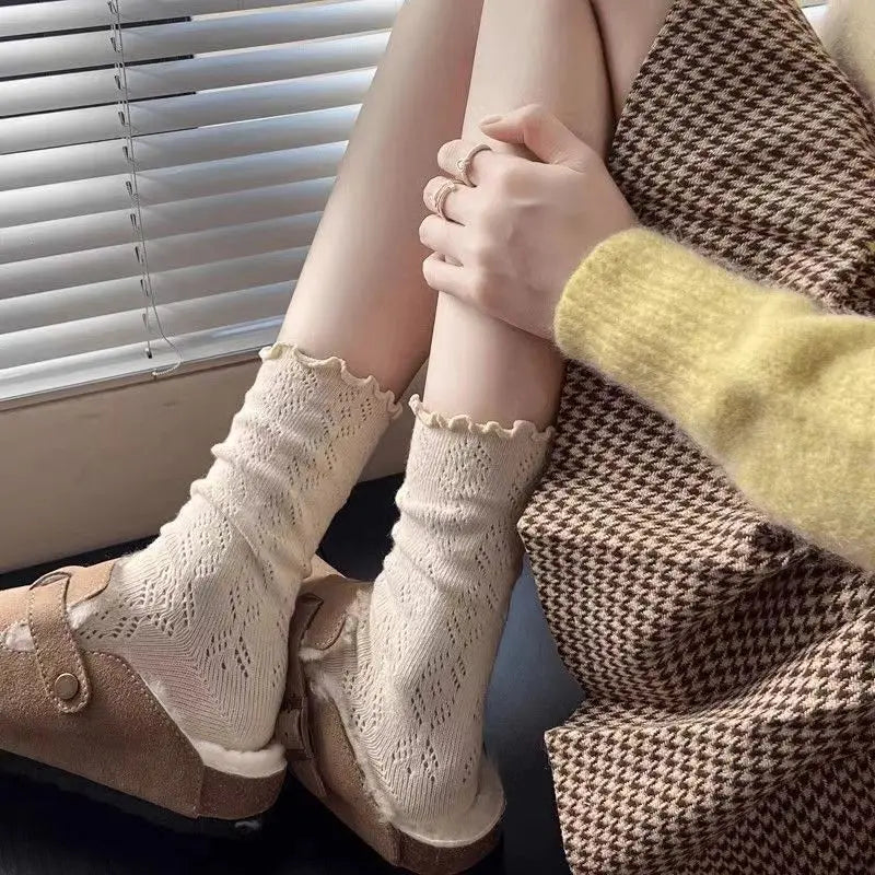 Autumn Women's Socks with Lace Trim Hollow-Out Mesh Breathable Slouch Solid Color Trendy and Versatile for Instagram Style Socks - Matrix Studios