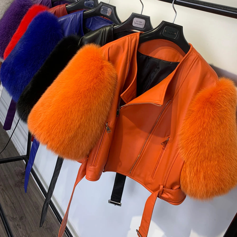 Leather Fur Jacket Natural Fur Sleeve Ladies Short Leather Jacket Real Fox Fur Sleeve Coat Women Autumn 21001-1 - Matrix Studios