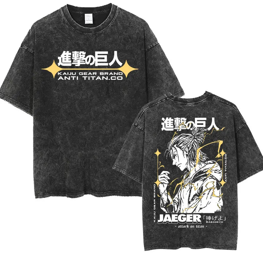 Anime Attack on Titan Vintage Washed Print T-shirt Mikasa Ackerman Eren Jaeger Wings of Freedom Logo Mens Summer Cotton T-shirts - Matrix Studios