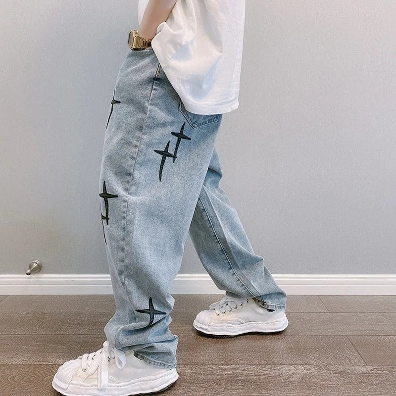 Boyfriend Vintage Fashion Straight Casual Loose Denim Cargo Pants Men Designer Prints Star Jeans Streetwear Loose Wide Leg Jeans - Matrix Studios