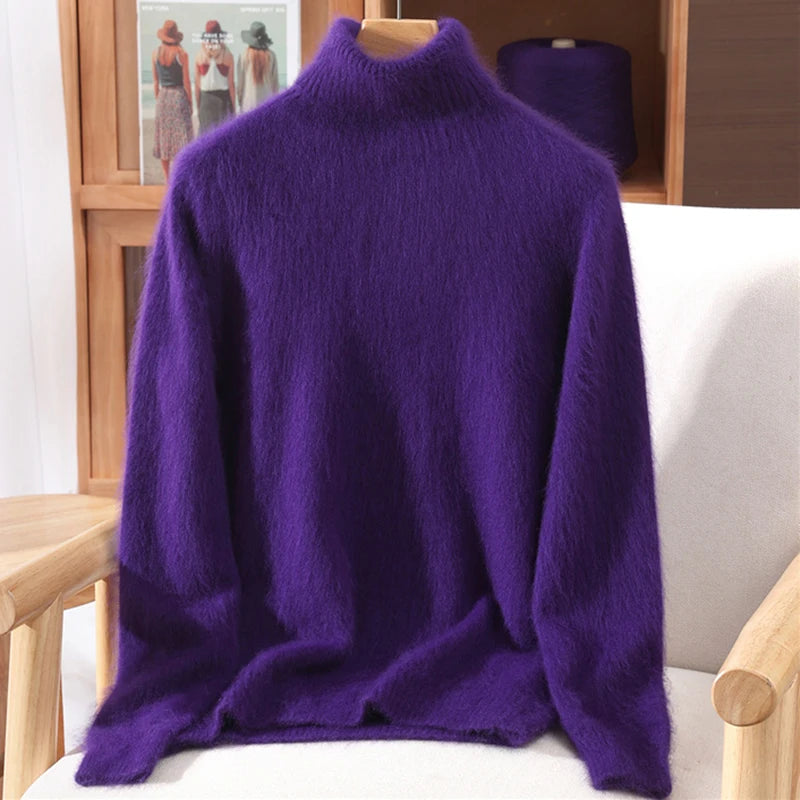 Autumn And Winter New 100% Mink Cashmere Sweater Ladies' High Lapel Solid Color Padded Pullover Wool Knitted Bottoming Shirt - Matrix Studios