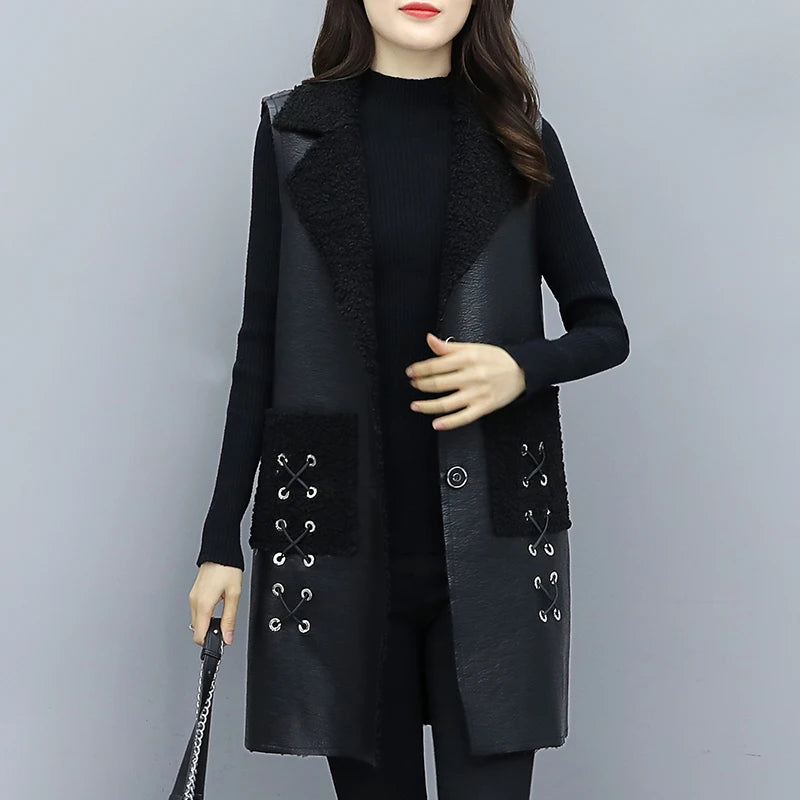 Autumn Winter Fur Leather Vest Coat Long Lambwool Sleeveless Jacket Thick Velvet Warm Waistcoat Large Size Women Fur Vest L-5XL - Matrix Studios