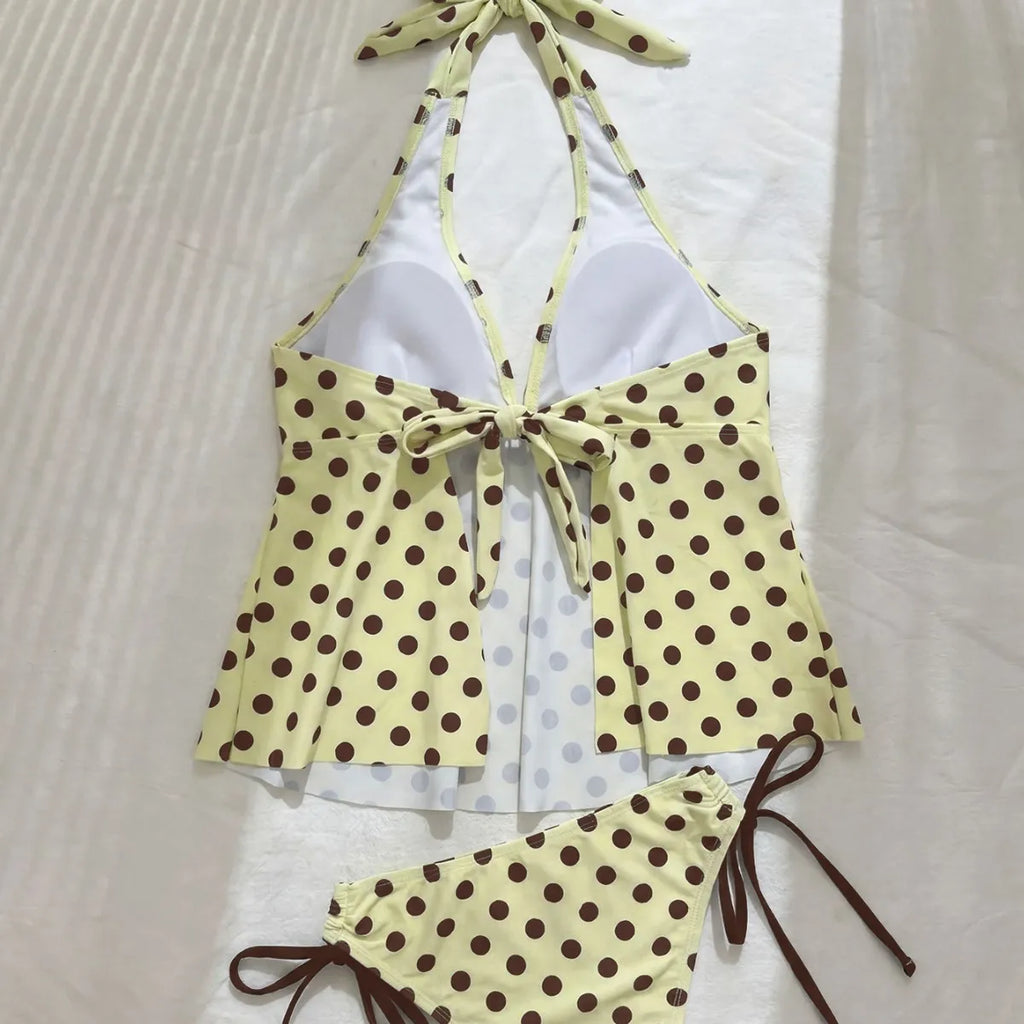 Vintage Polka Dot 2 Piece Bikinis Set Bathing Suit Tankini Halter Bikini Front Tie Flounce Tank Side Tie High Cut Pool Swimwear - Matrix-studios.com