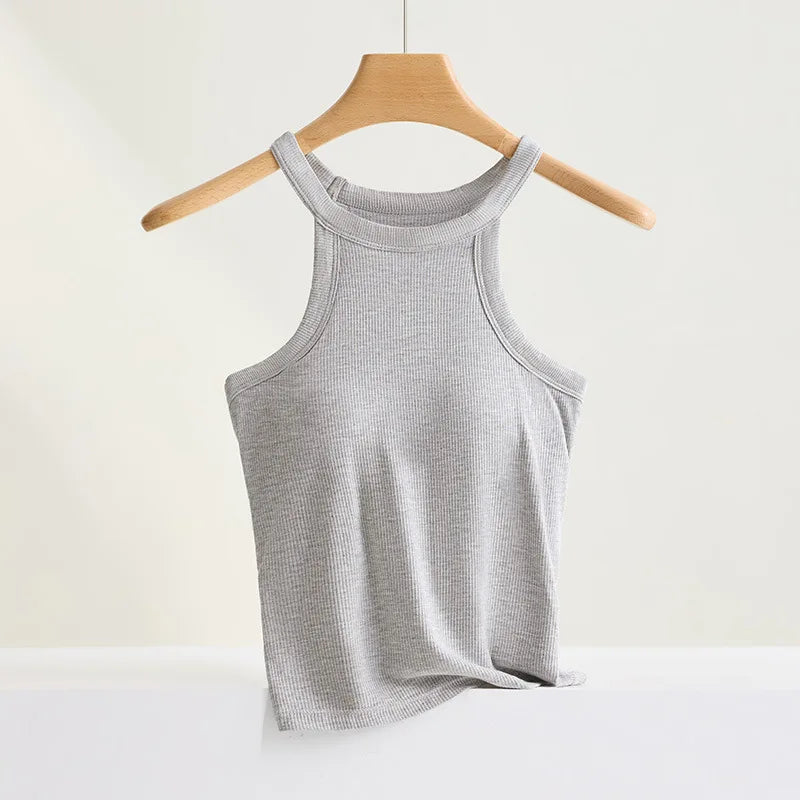 Threaded Halter Neck Camisole Top With Build-in Bra High Elastic Slim-fitting Sling Fixed Cup Breathable Women Underwear - Matrix-studios.com