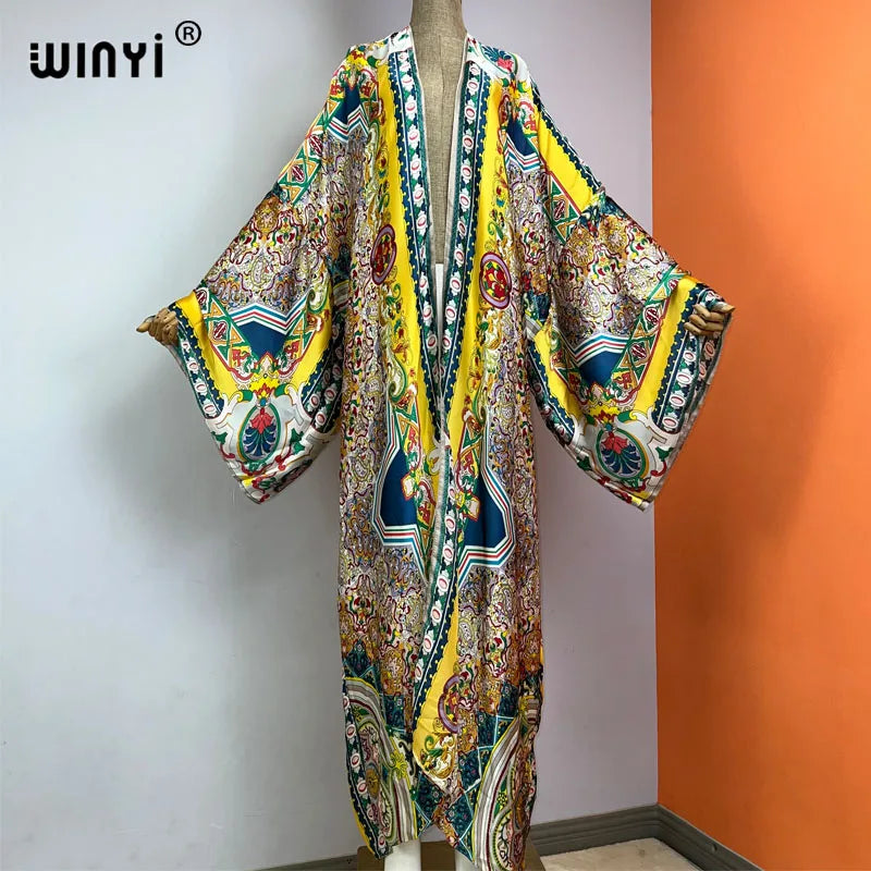 WINYI Summer New Fashion Print Women Cardigan Loose Long Dress Elegant Party Boho Maxi Beach Holiday Cover Up Kimonos Kaftan - Matrix Studios