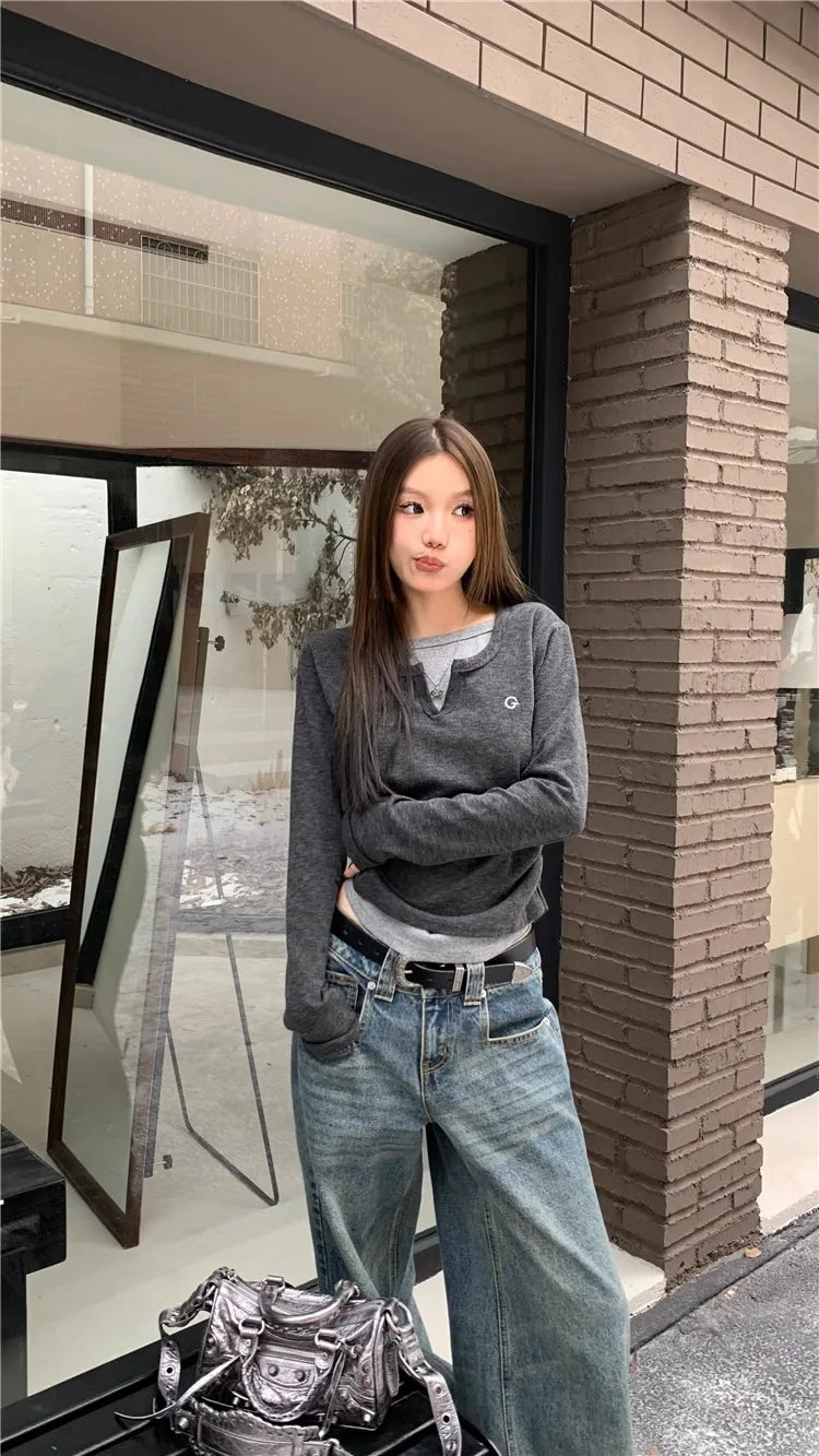 Women's T-shirt fake two piece long sleeved T-shirt for autumn and winter slim fit and slimming bottom top retro bottom top - Matrix-studios.com