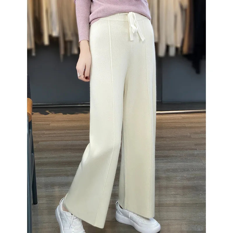 Light Luxury Cashmere Knit Wide Leg Pants Autumn and Winter Women's Fashion Loose Fit Plush Simple Casual Woolen Knit  Pants