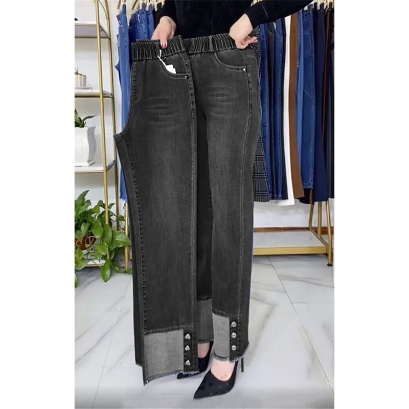 Middle-aged Women's Jeans Spring Autumn Stretch Waist Straight Denim Pants Large Size Loose High Waist Casual Black Blue Trouser - Matrix-studios.com