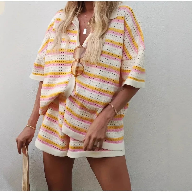 2025 Summer Women'S Hollow Striped Knitted 2 Pieces Set Short Sleeve Flip Collar Cardigan Single Breasted Casual Shorts Suits - Matrix-studios.com