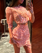 Women's Floral Print Two Piece Set 2026 New Women Puff Sleeve Crop Top + Tiered Ruffle Mini Skirt Casual Vacation Party Outfit - Matrix-studios.com