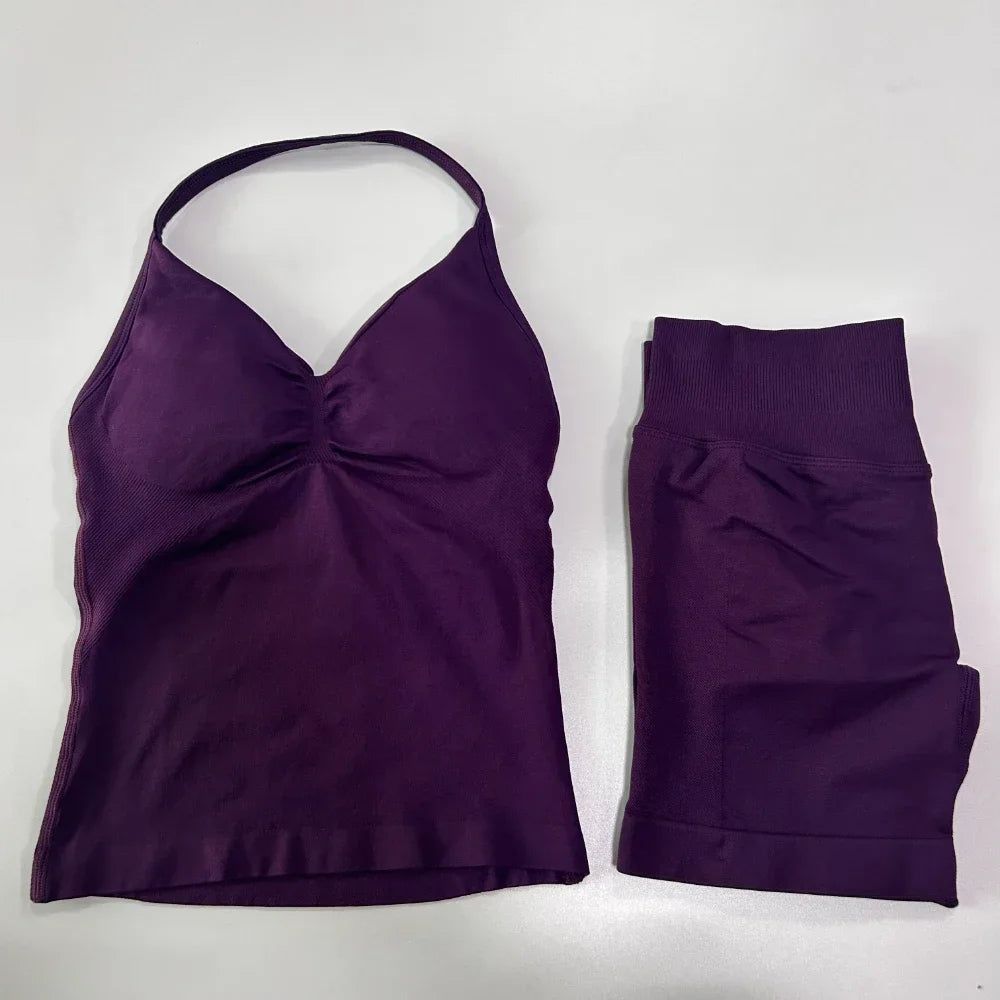 No Logo 2 Pieces Sports Set Women Backless Tank Tops High Waist Scrunch Seamless Shorts Gym Set Sportswear Workout Set Yoga - Matrix-studios.com