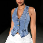Y2K Retro Women Denim Vest V Neck Button Up Sleeveless Waistcoat Slim Fit Casual Streetwear Summer Crop Top - Matrix Studios