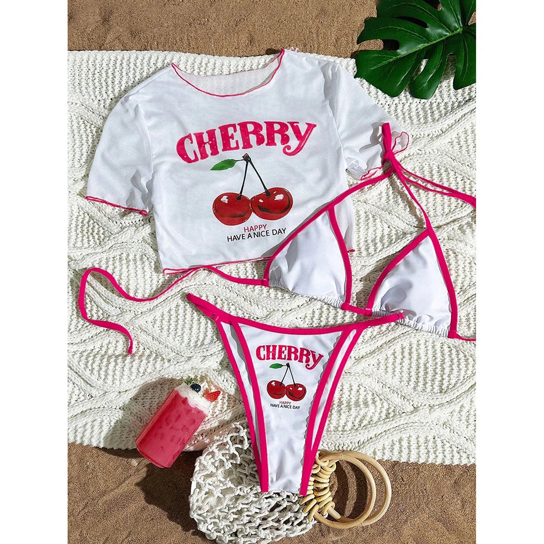 S -XL Cherry Printed Short Sleeve Bikini Female Swimsuit Women Swimwear Three-Pieces Bikini Set Bather Bathing Suit Swim V6854 - Matrix-studios.com