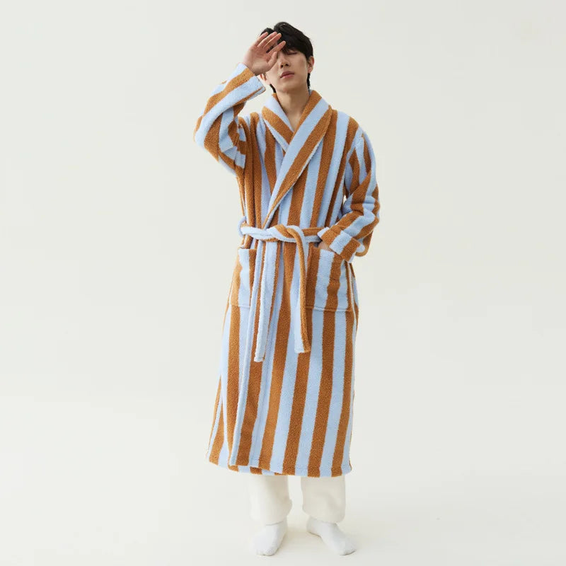 2025 New Autumn/Winter Women's Sleepwear Thick Velvet Warm Robe Couple Coral Velvet Striped Lengthed Home Clothes Bathrobe - Matrix-studios.com