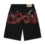 Men Dark Wash Denim Shorts Back Pocket Cherry Blossom Embroidered Loose Fit Knee Length Vintage Streetwear Casual Summer Wear - Matrix Studios