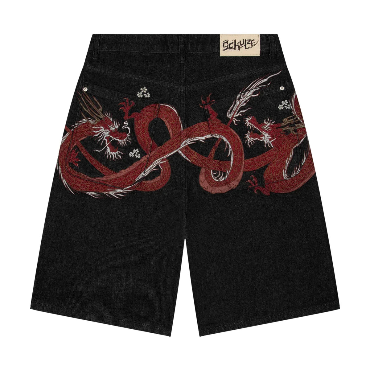 Men Dark Wash Denim Shorts Back Pocket Cherry Blossom Embroidered Loose Fit Knee Length Vintage Streetwear Casual Summer Wear - Matrix Studios