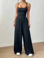 Women's Casual Solid Color Pleating Loose Straight Jumpsuit A-line Backless Halter Neck Slim Cami Jumpsuit Streetwear 2025 - Matrix Studios