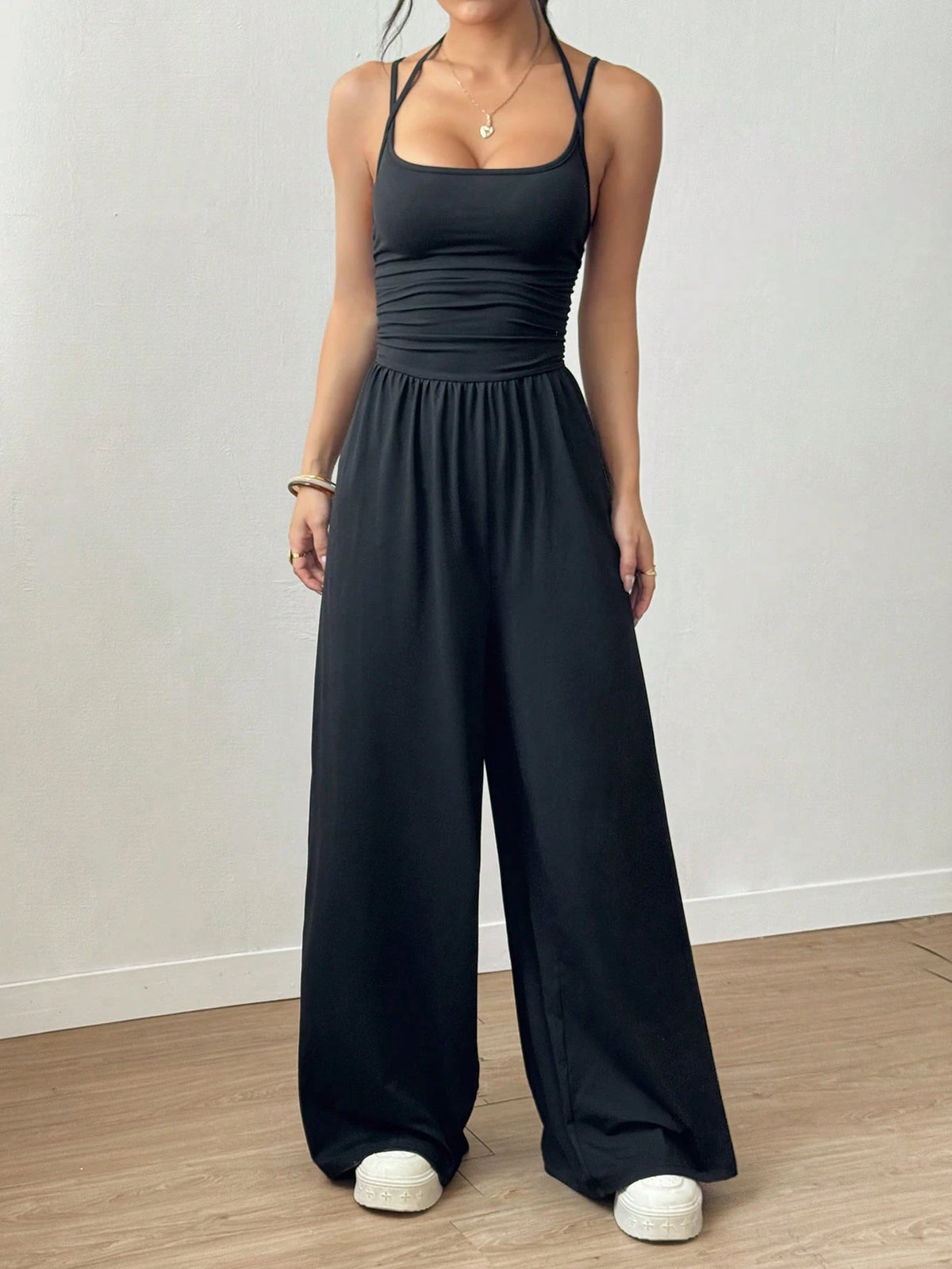 Women's Casual Solid Color Pleating Loose Straight Jumpsuit A-line Backless Halter Neck Slim Cami Jumpsuit Streetwear 2025 - Matrix Studios
