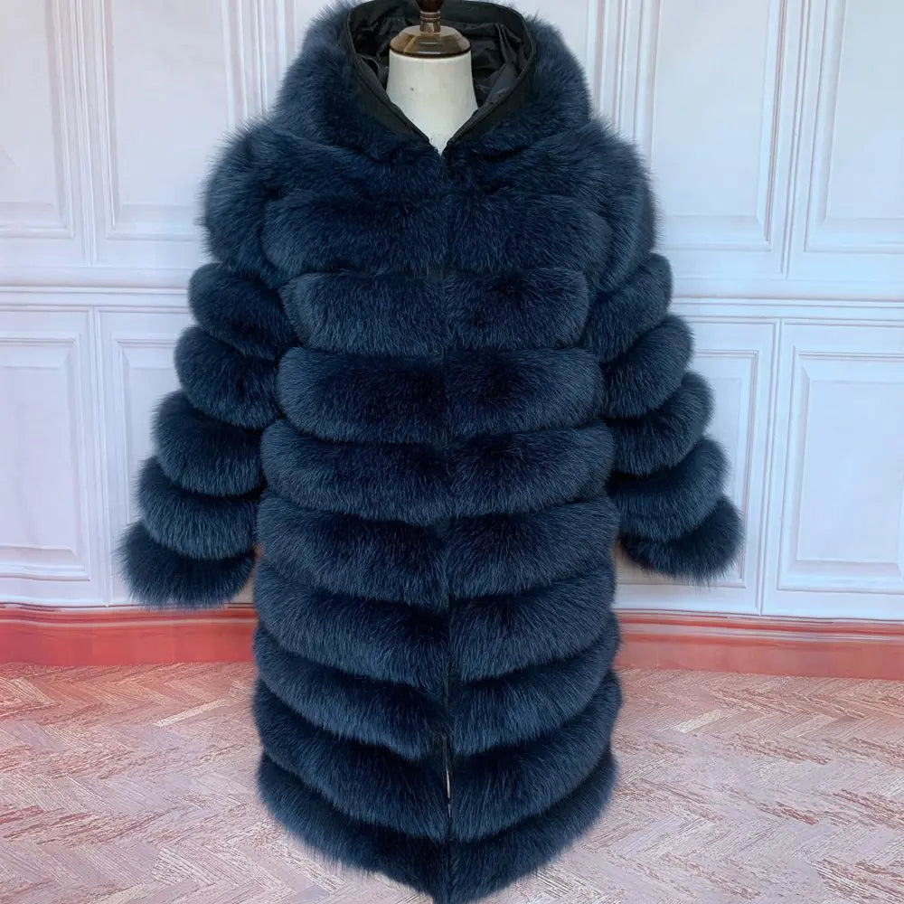 QUEENTINA Hood Fur Coat Women Real Fox Long New Luxury Female Natural Leather Jacket Warm Thick Long Winter Fur Vest Waistcoat - Matrix Studios