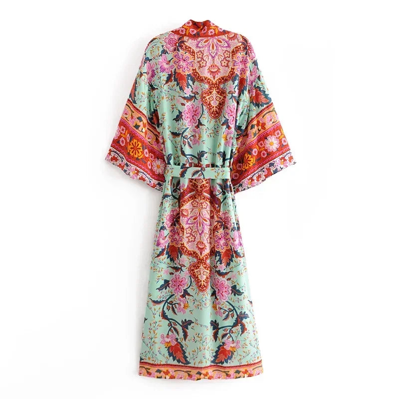 Happie Queens Women Green Peacock Print Bat Sleeve Beach Bohemian Kimono Robe Ladies V Neck  Boho Bikini Cover-ups - Matrix Studios