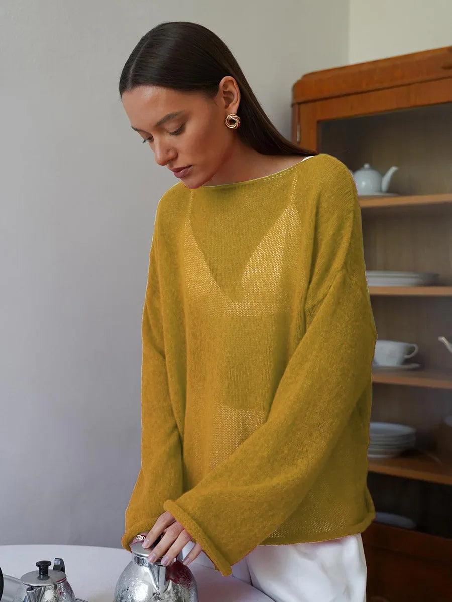 Talenza Hollow Knitted Sweater Pullover Women's Solid See-through O-Neck Long Sleeve Knitted T-Shirt Loose Casual Pullover 2026 - Matrix Studios
