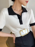 Fashion Summer T-shirts for Women Slim Fit Polo Women's T-shirt Collar Knitted Ice Silk T-shirt Knitting Elegant Crop Top - Matrix-studios.com