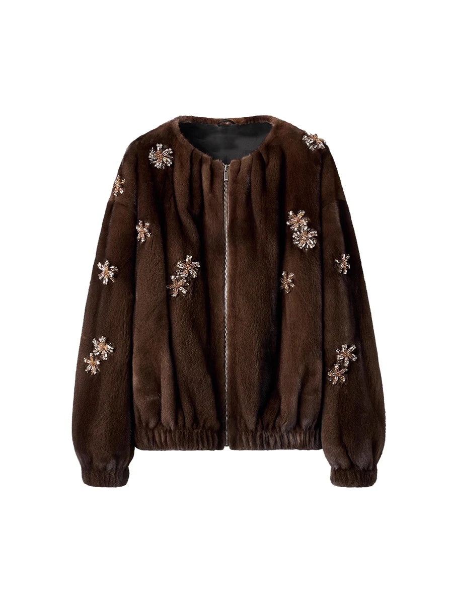 Lautaro Winter Luxury Elegant Thick Warm Soft Brown Short Faux Mink Fur Coat Women Beading Loose Stylish Chic Fluffy Jacket - Matrix Studios