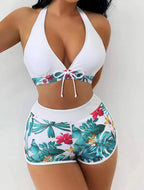 15 Colors Swimwear Women Two-Piece Suit Patchwork Halter Bikini Top With High Waisted Boxer Bottom College Sporty Surfing Suit - Matrix-studios.com