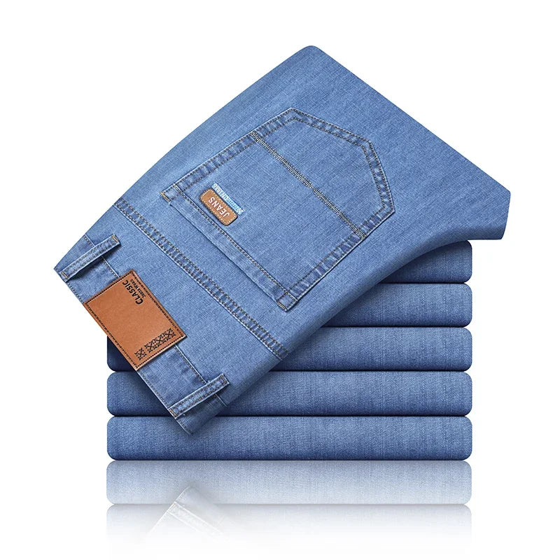 New Ice Silk Thin Denim Jeans For Men Blue Straight Stretch Cotton Pants Business Casual Lightweight Trousers Spring Summer - Matrix Studios